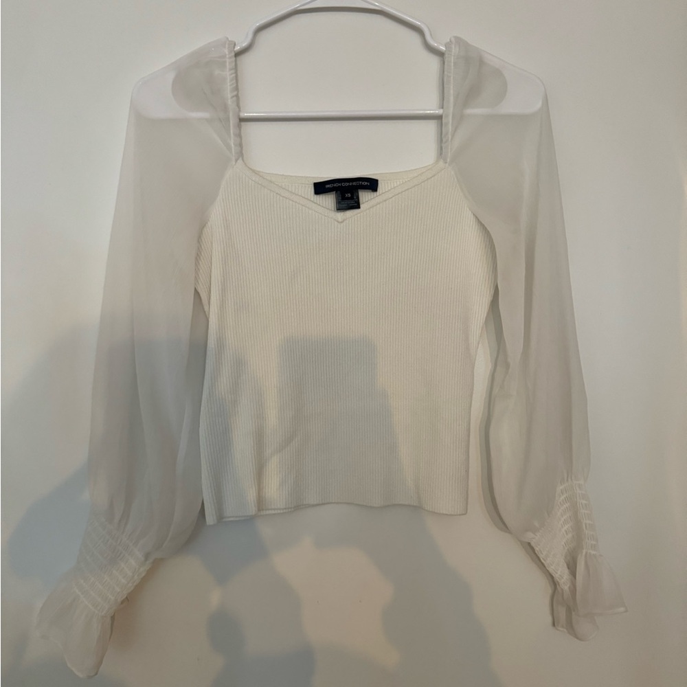 White Sweater Top with Sheer Sleeves